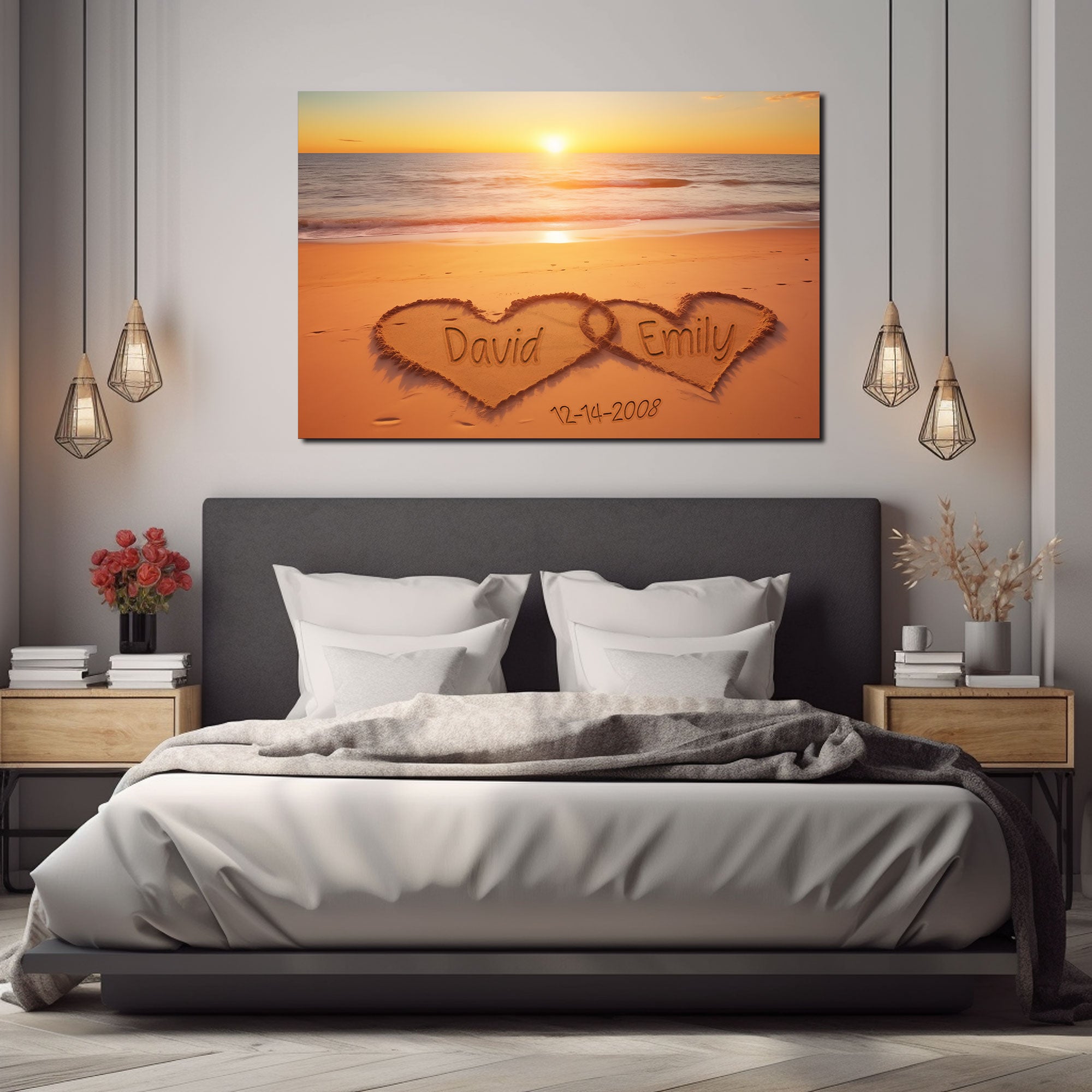 Personalized Couple Canvas with Names And Date, Heart Sunset Wall Art for Wedding Anniversary