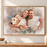 Custom Watercolor Family and Dog Portrait from Photo with Last Name Canvas - Personalized Wall Art