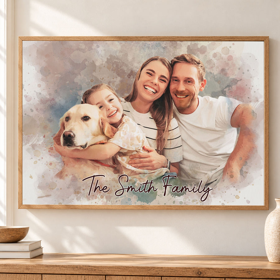Custom Watercolor Family and Dog Portrait from Photo with Last Name Canvas - Personalized Wall Art
