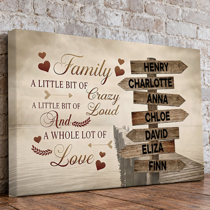Custom Family Street Sign A Little Bit of Crazy Red Hearts Canvas - Personalized Wall Art