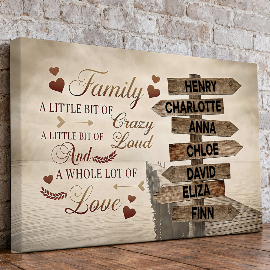 Custom Family Street Sign A Little Bit of Crazy Red Hearts Canvas - Personalized Wall Art
