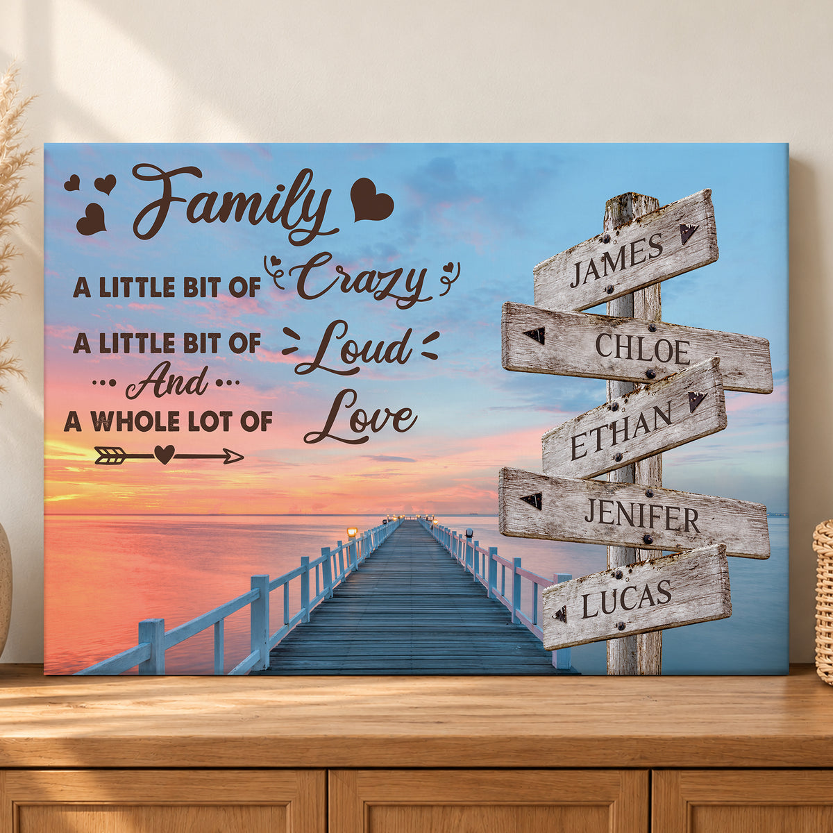 Custom Family Street Sign A Little Bit of Crazy Pier Sunset Canvas - Personalized Wall Art