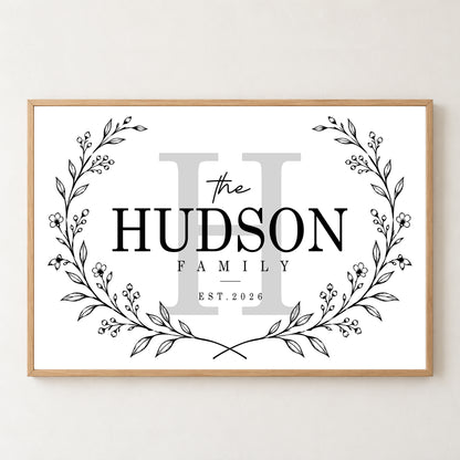 Custom Family Name Sign Floral Wreath Name & Year Canvas - Personalized Wall Art