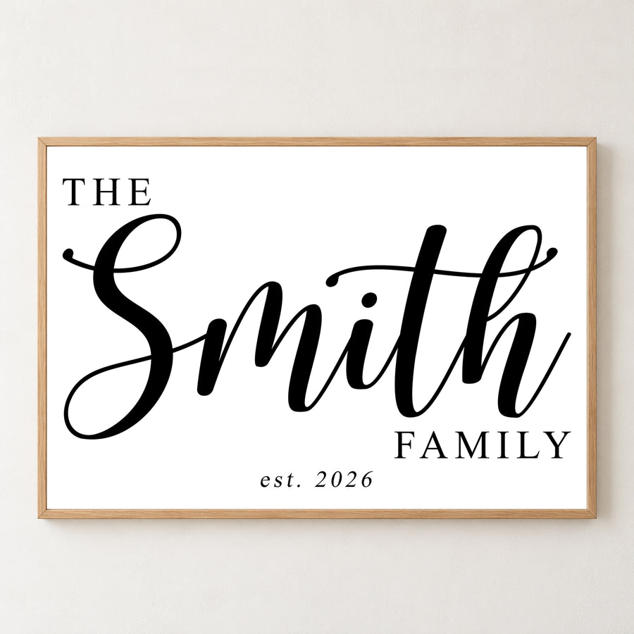 Custom Family Name Sign Big Script Name & Year Canvas - Personalized Wall Art