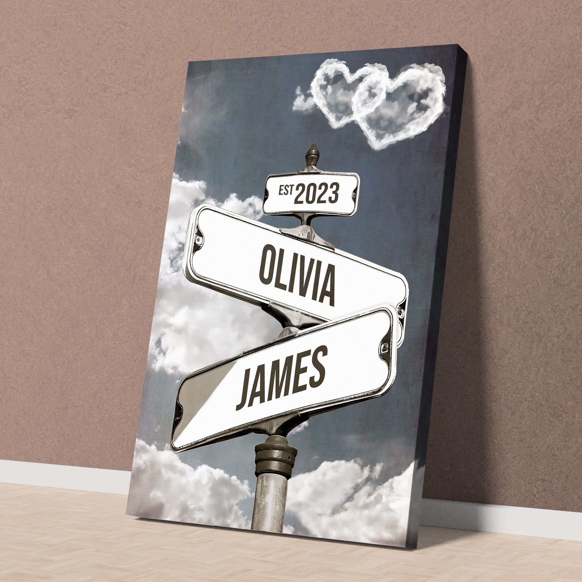 Personalized Crossroads Street Sign For Couple Canvas, Custom Couple Name And Date Wall Art Black and White Heart Cloud