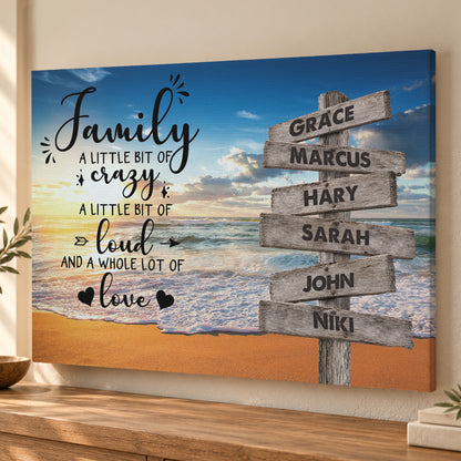 Custom Family Street Sign A Little Bit of Crazy Beach Sunset Canvas - Personalized Wall Art