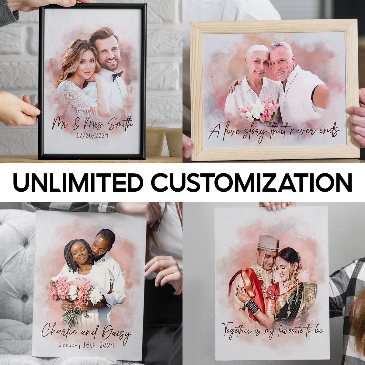 Personalized Watercolor Couple Portrait Canvas - Custom “Mr & Mrs” Wedding Portrait with Date - Meaningful Anniversary Gift