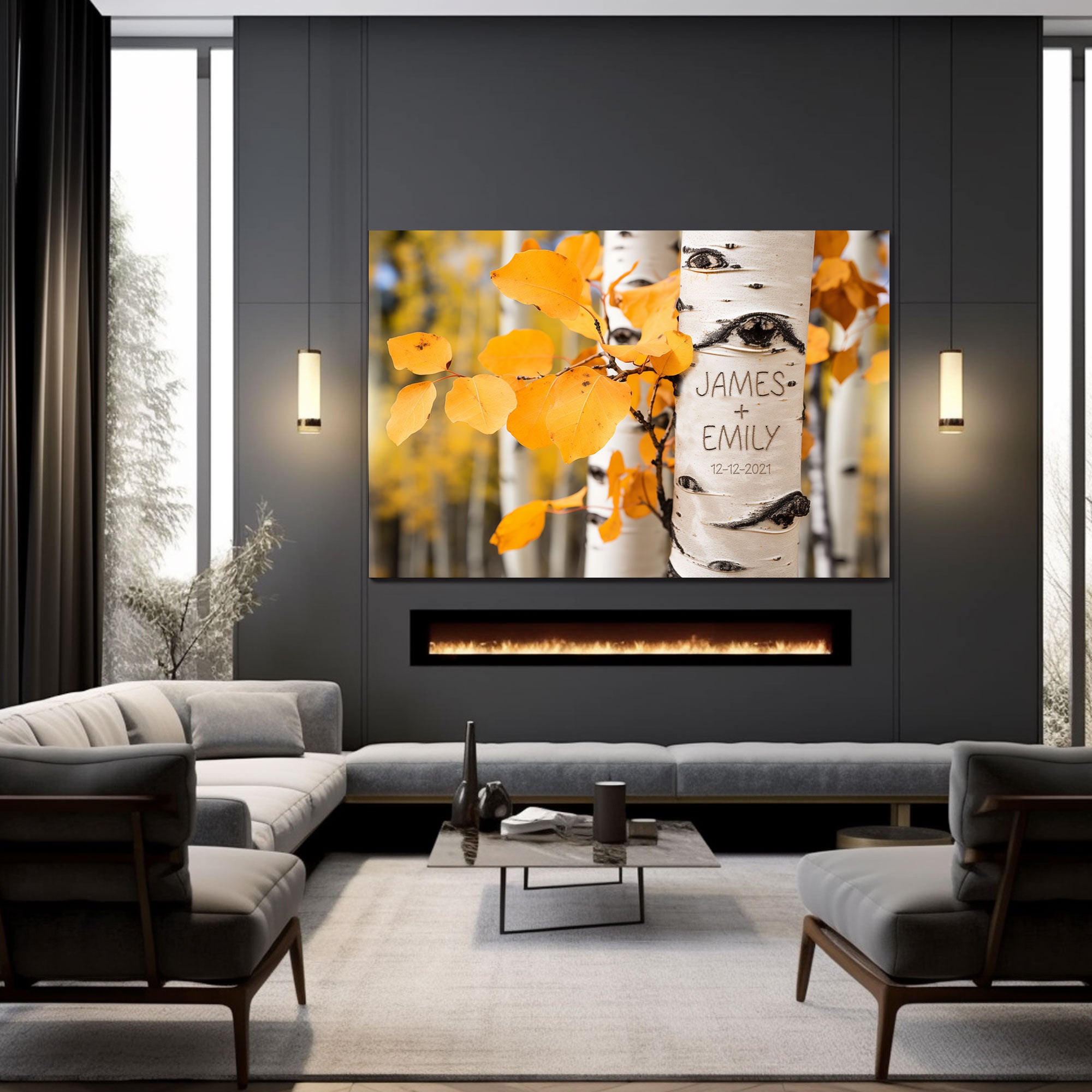 Personalized Canvas Wall Art for Couples with Names, Birch Tree Wedding And Anniversary Decor