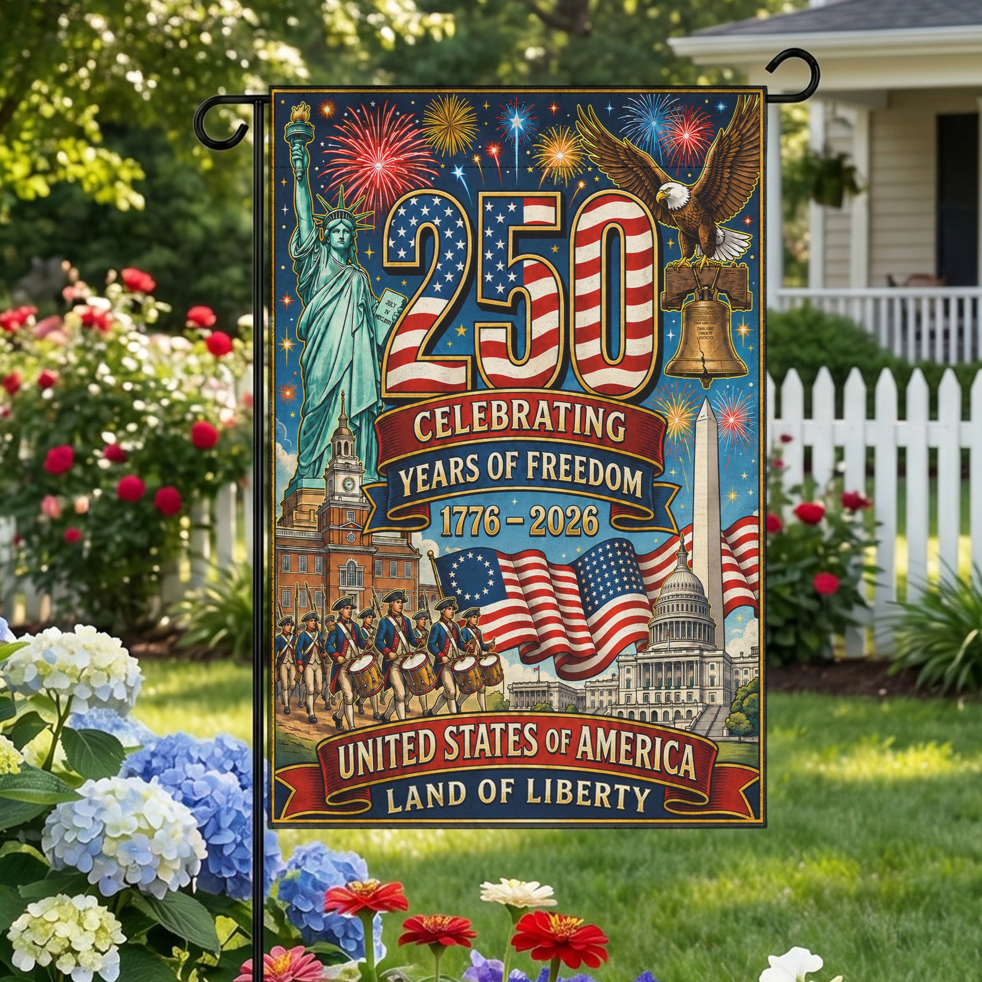 America 250 Celebrating Years Of Freedom - Patriotic Garden Flag Anniversary - US Semiquincentennial Flag