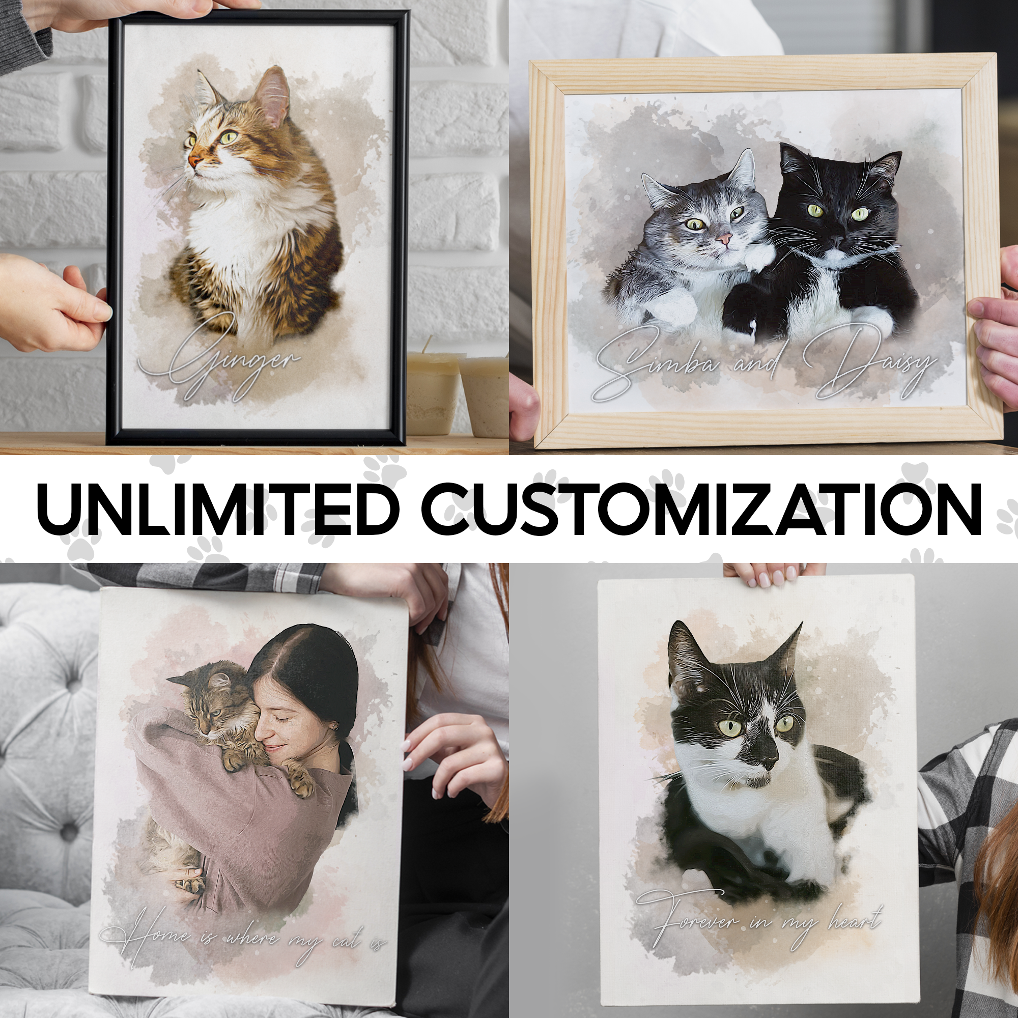 Custom Watercolor Cat Portrait Canvas, Personalized Gift for Cat Lovers