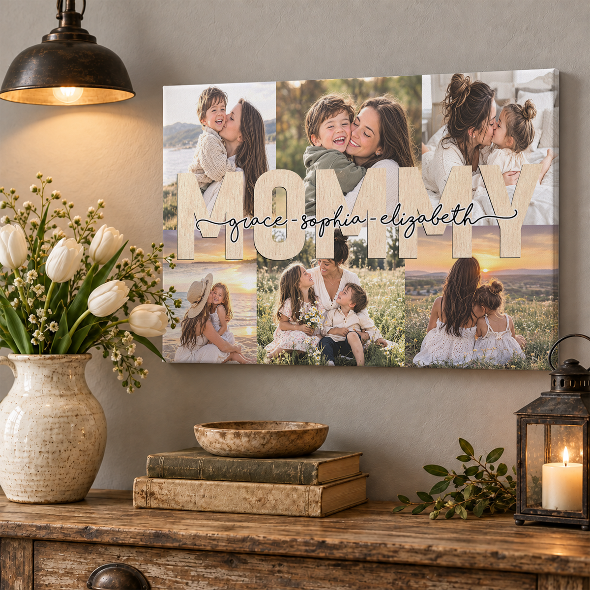Custom Photo Mom Collage 6 Photos Mommy with Kids Names Canvas - Personalized Wall Art