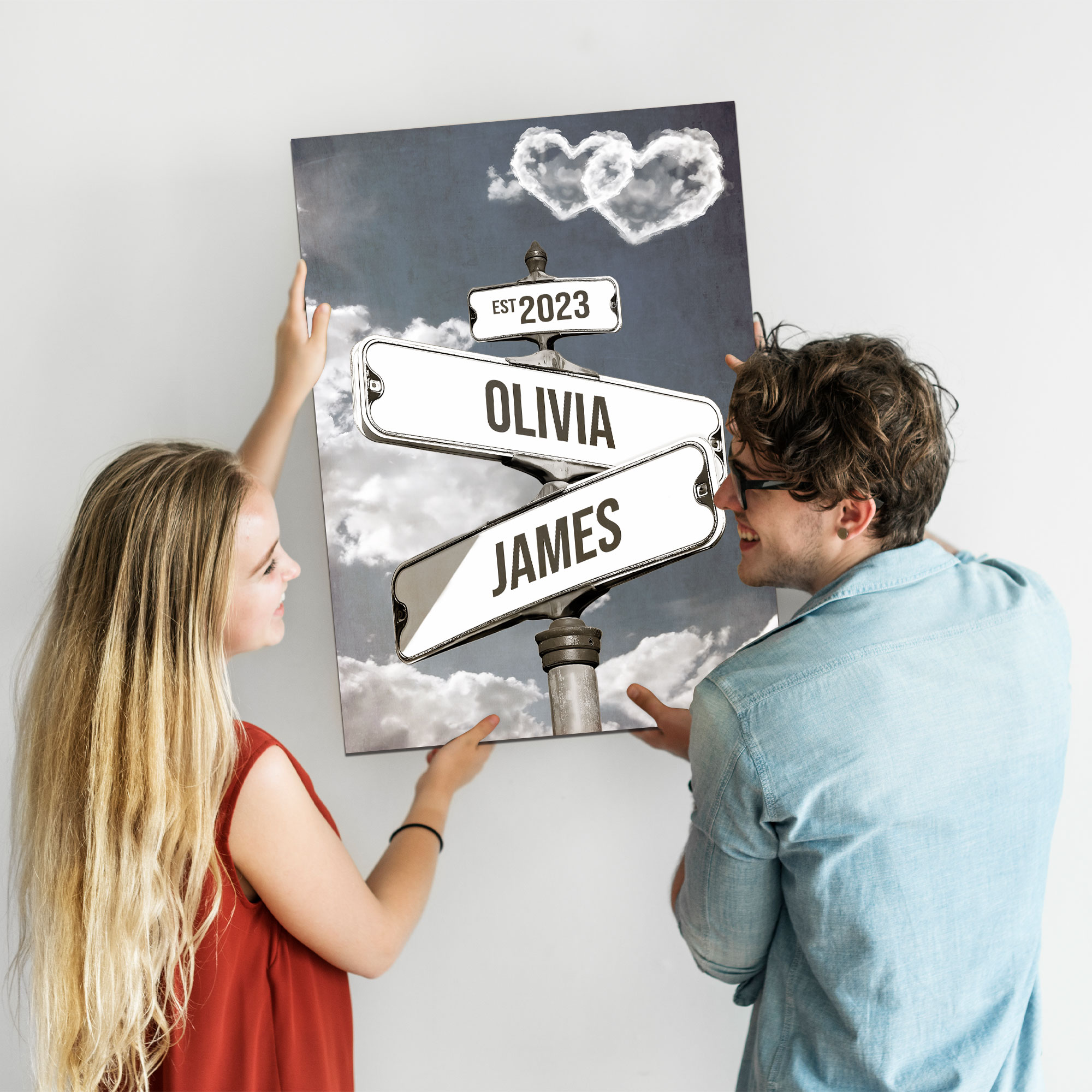 Personalized Crossroads Street Sign For Couple Canvas, Custom Couple Name And Date Wall Art Black and White Heart Cloud