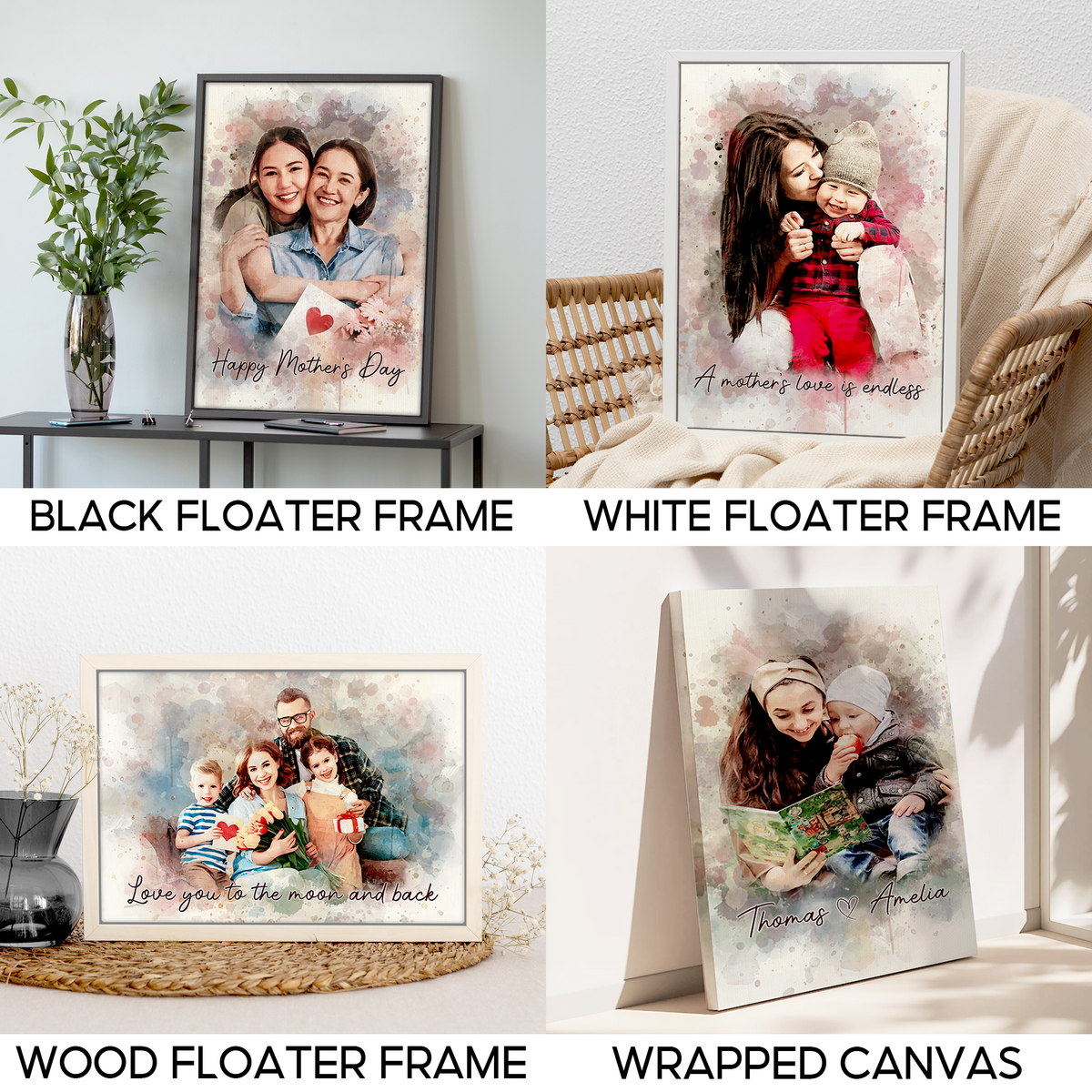 Custom Photo Watercolor Mom and Daughter Portrait with Text Canvas - Personalized Wall Art
