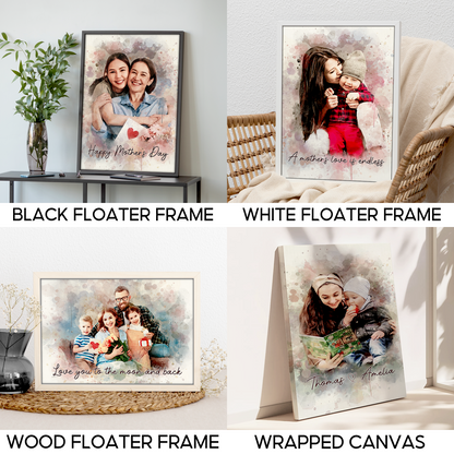 Custom Photo Watercolor Mom and Daughter Portrait with Text Canvas - Personalized Wall Art