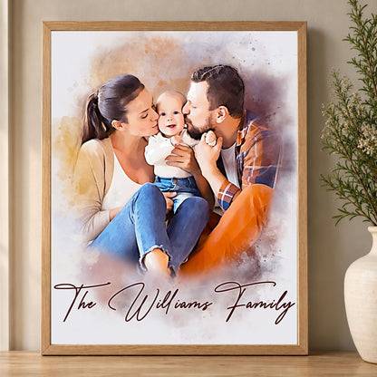 Custom Photo Watercolor Family Portrait with Family Last Name Canvas - Personalized Wall Art