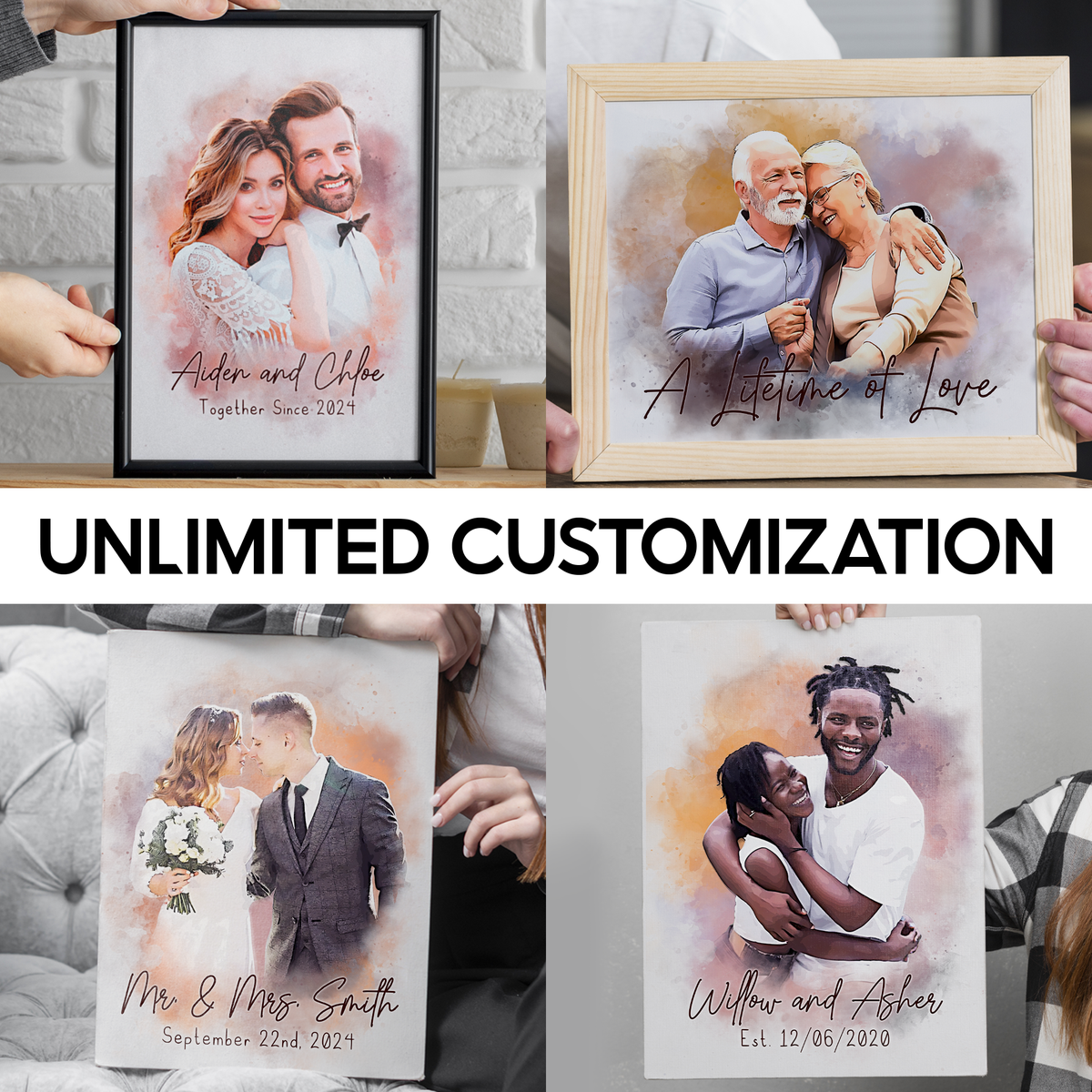 Turn Your Love Into Art - Personalized Watercolor Couple Portrait Canvas from Photo - Romantic Gift for Couples