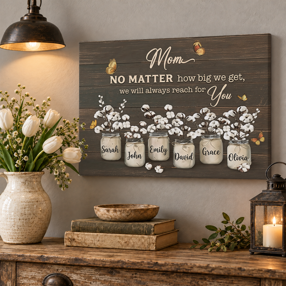 Custom Mom Mason Jar Flowers with Kids Names Canvas - Personalized Wall Art