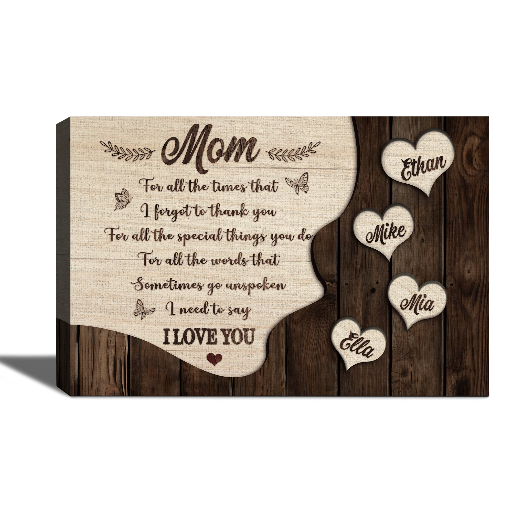 For All The Times I Forgot To Thank You Personalized Mom Hearts Canvas, Mother's Day Wood Style Gift with Kids Names