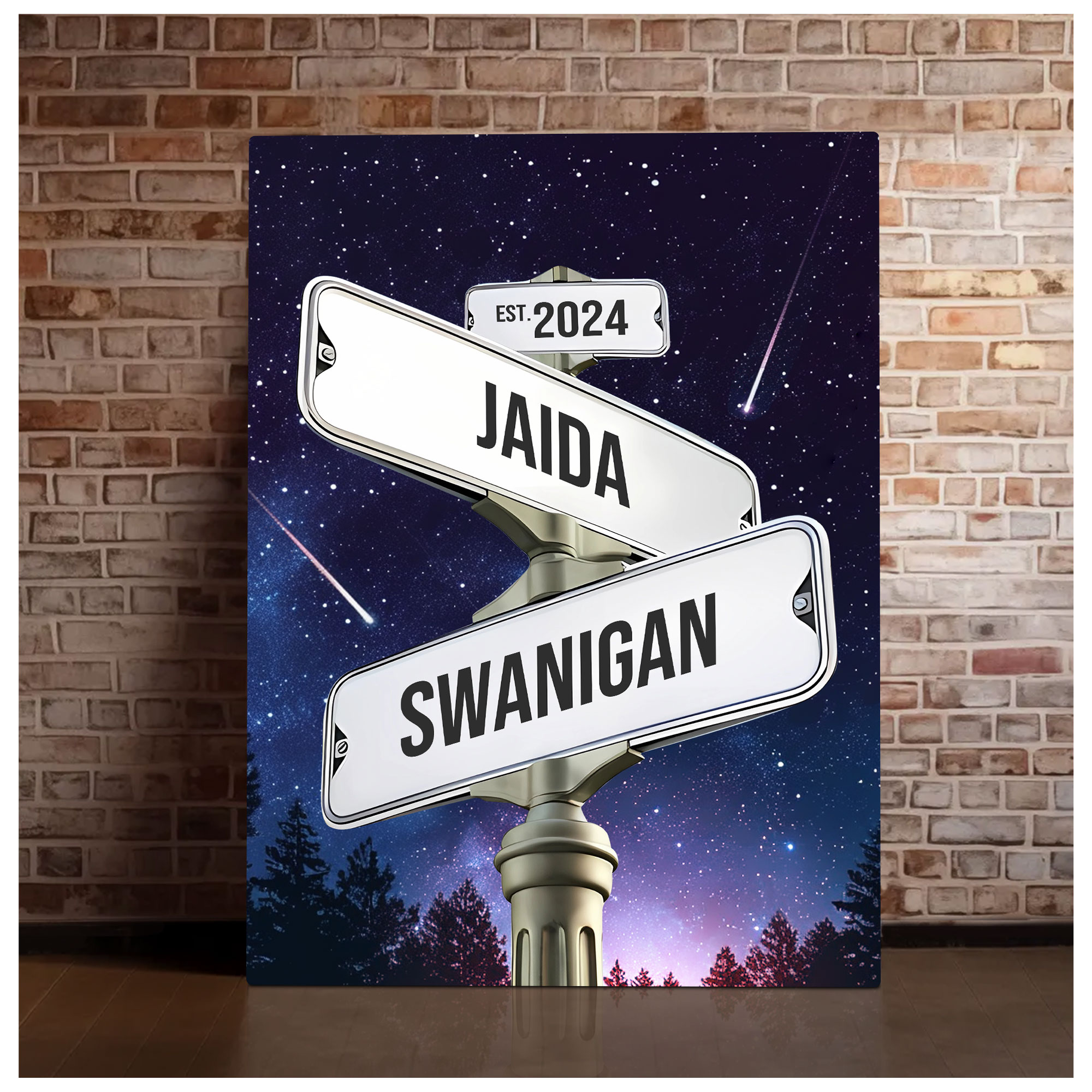 Personalized Crossroads Street Sign For Couples Canvas, Custom Couple Name And Date Wall Art Starry Night