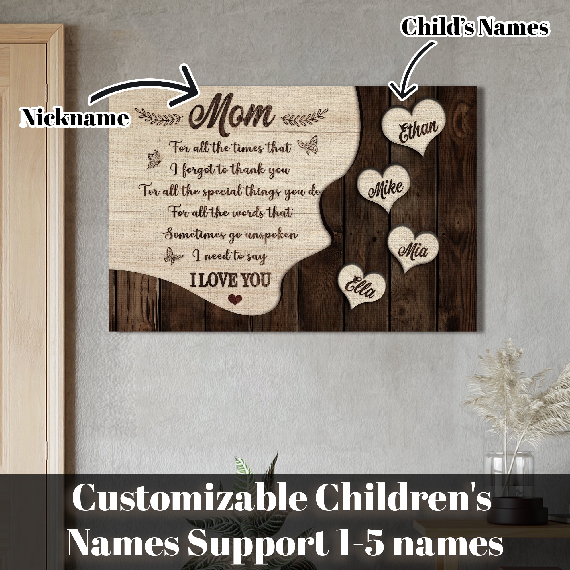 For All The Times I Forgot To Thank You Personalized Mom Hearts Canvas, Mother's Day Wood Style Gift with Kids Names