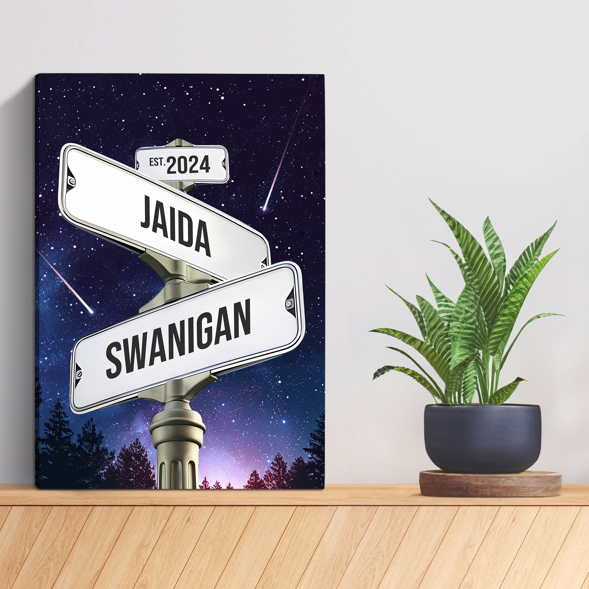 Personalized Crossroads Street Sign For Couples Canvas, Custom Couple Name And Date Wall Art Starry Night