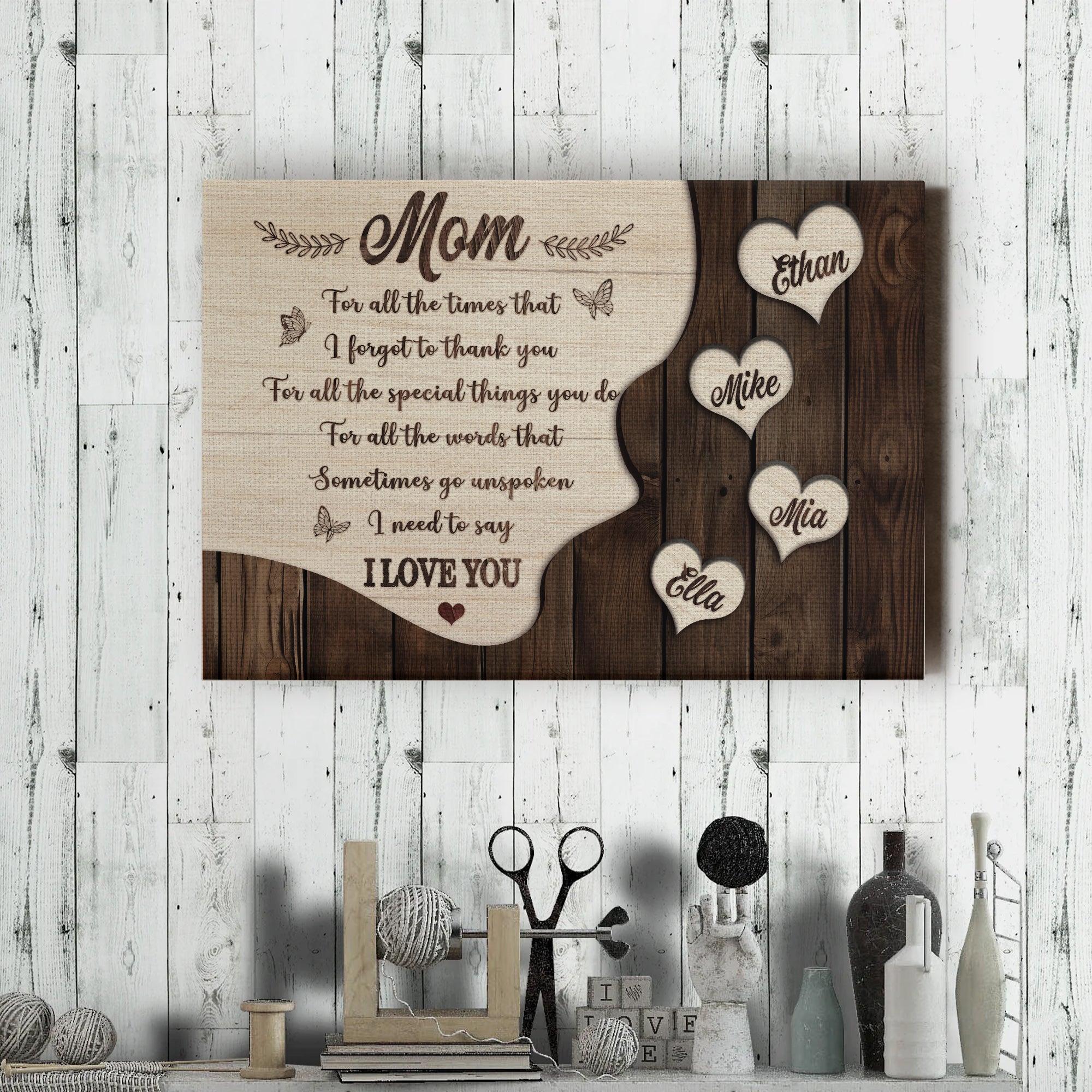 For All The Times I Forgot To Thank You Personalized Mom Hearts Canvas, Mother's Day Wood Style Gift with Kids Names