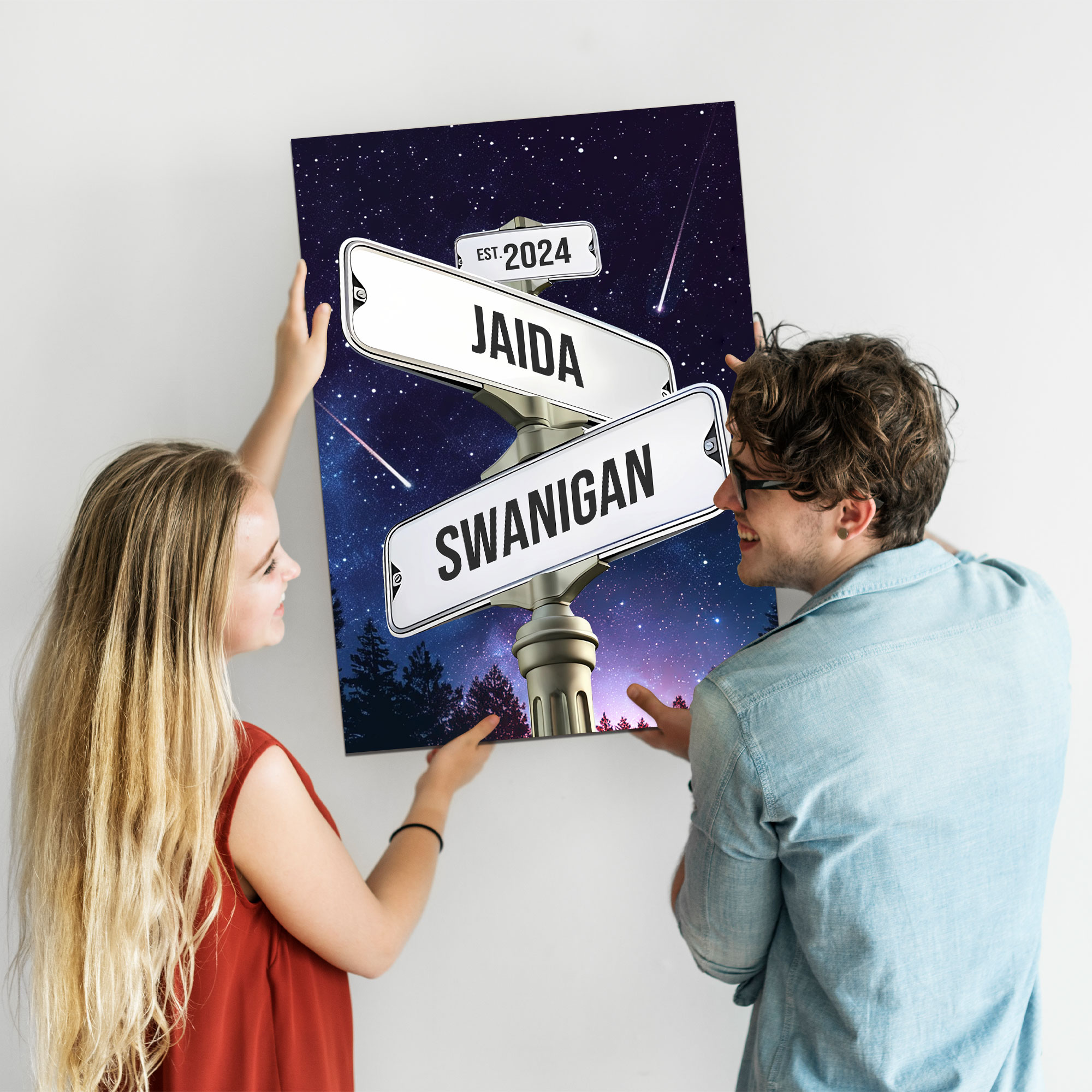 Personalized Crossroads Street Sign For Couples Canvas, Custom Couple Name And Date Wall Art Starry Night