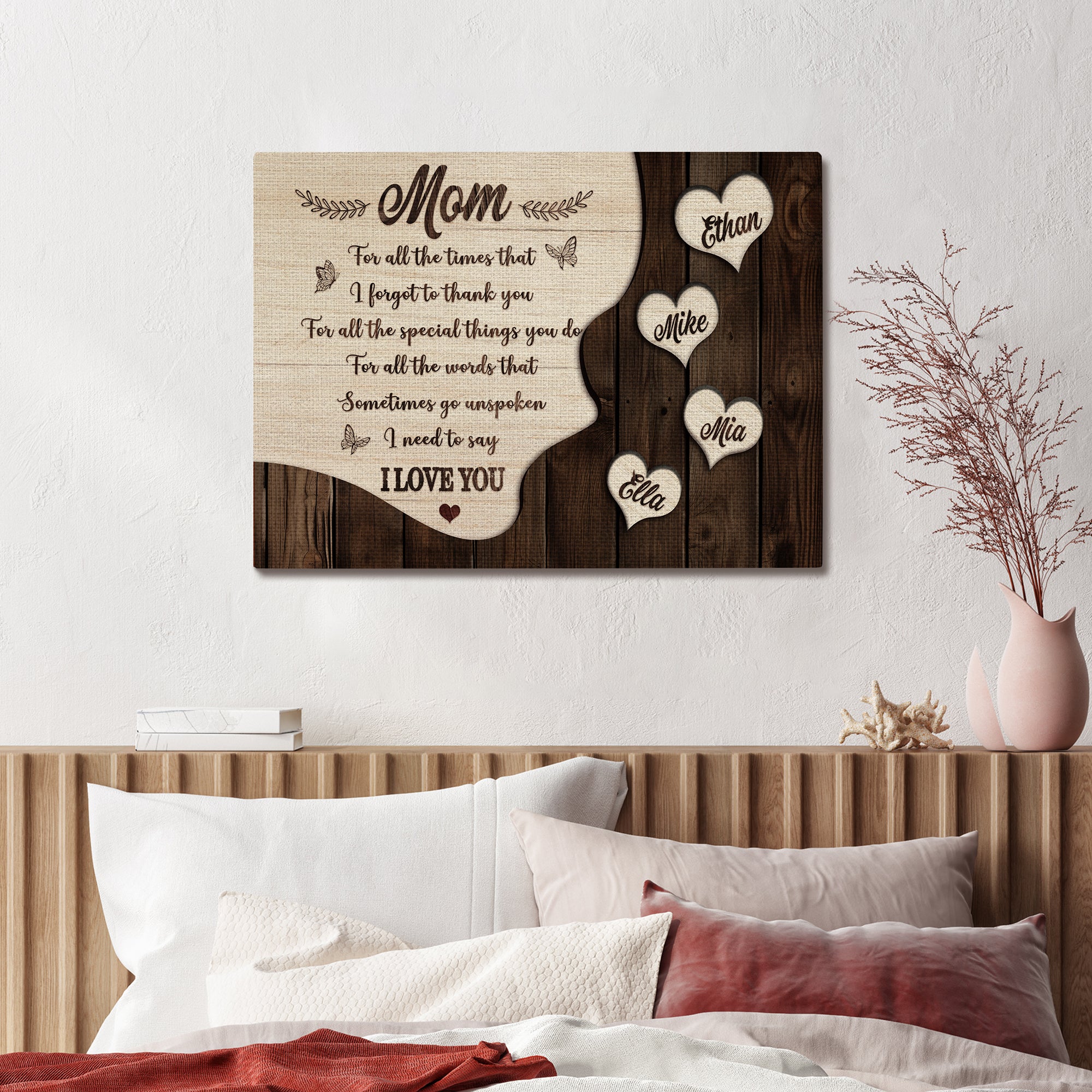 For All The Times I Forgot To Thank You Personalized Mom Hearts Canvas, Mother's Day Wood Style Gift with Kids Names