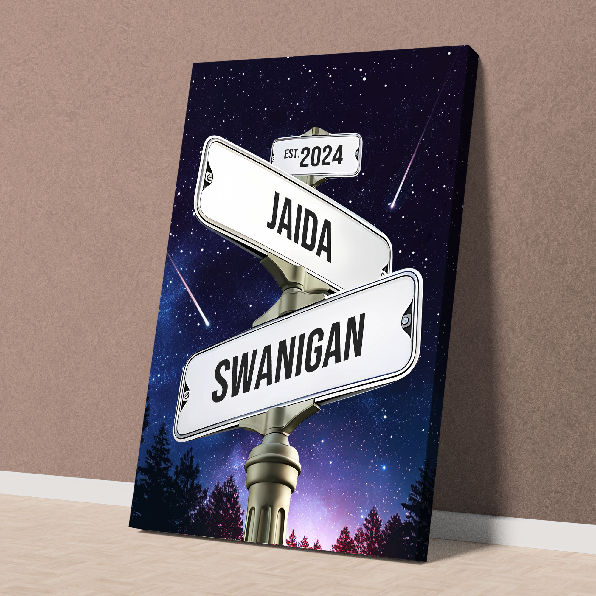 Personalized Crossroads Street Sign For Couples Canvas, Custom Couple Name And Date Wall Art Starry Night