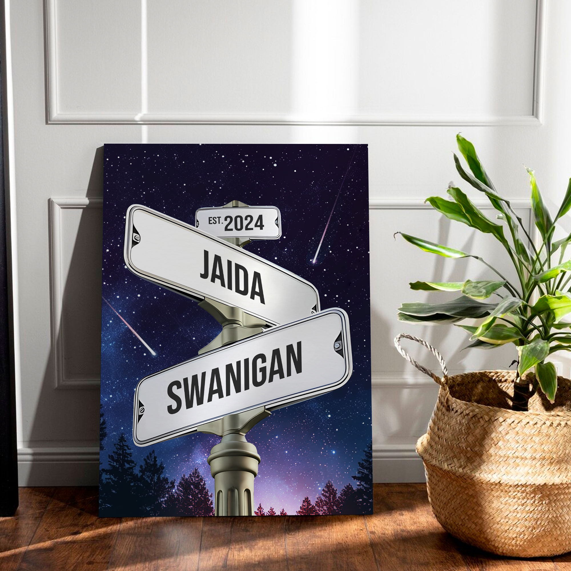 Personalized Crossroads Street Sign For Couples Canvas, Custom Couple Name And Date Wall Art Starry Night