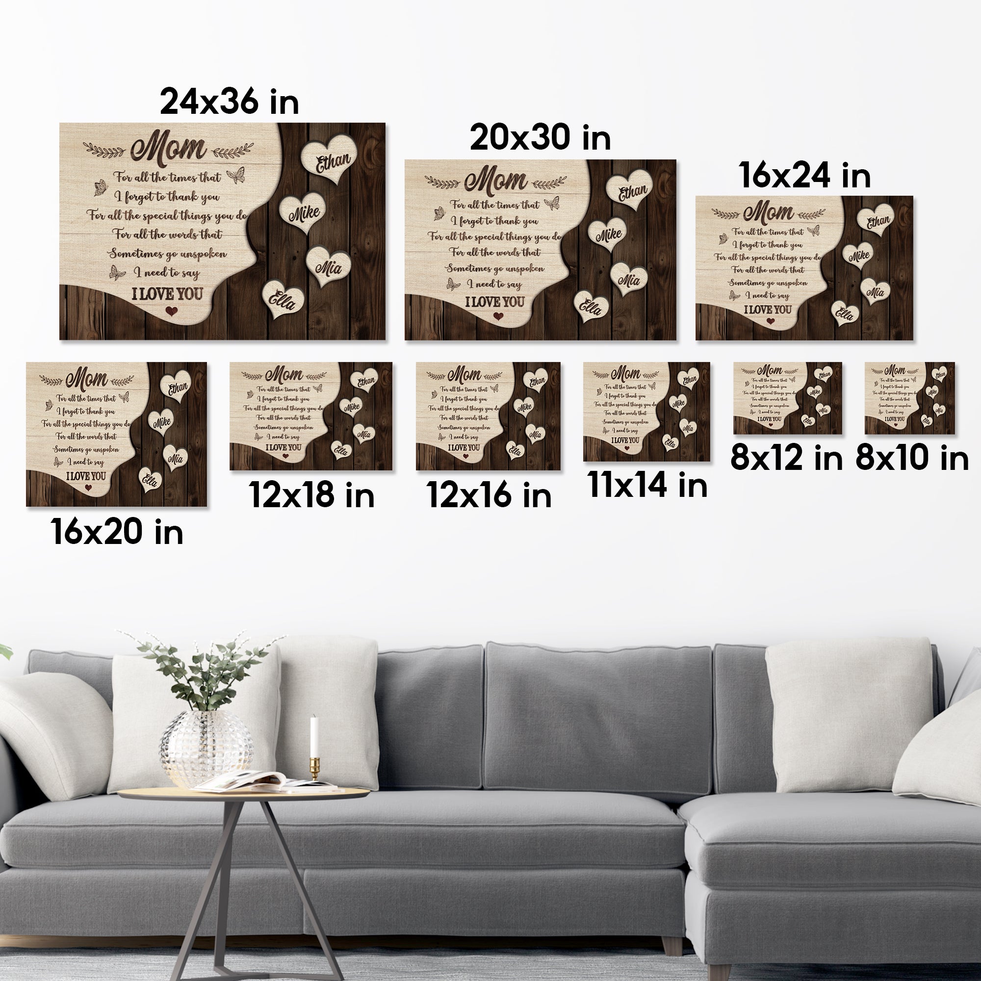For All The Times I Forgot To Thank You Personalized Mom Hearts Canvas, Mother's Day Wood Style Gift with Kids Names