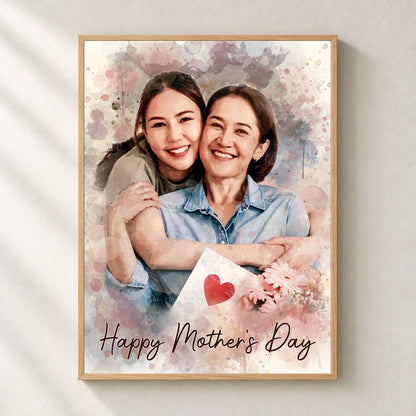 Custom Photo Watercolor Mom and Daughter Portrait with Text Canvas - Personalized Wall Art