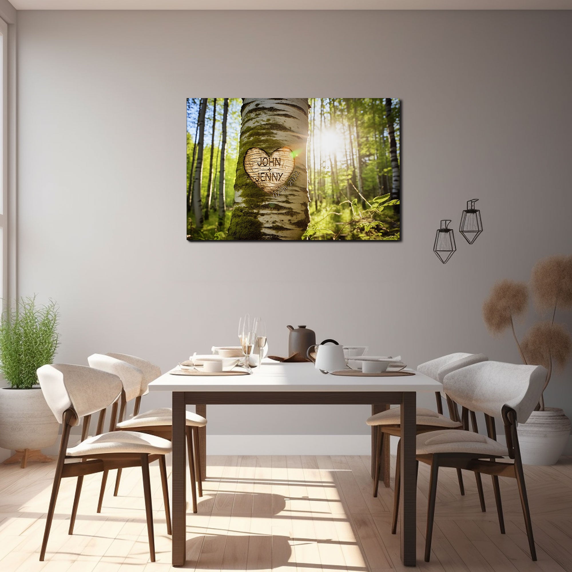 Personalized Rustic Birch Tree Canvas, Custom Names Date Wall Art for Couples