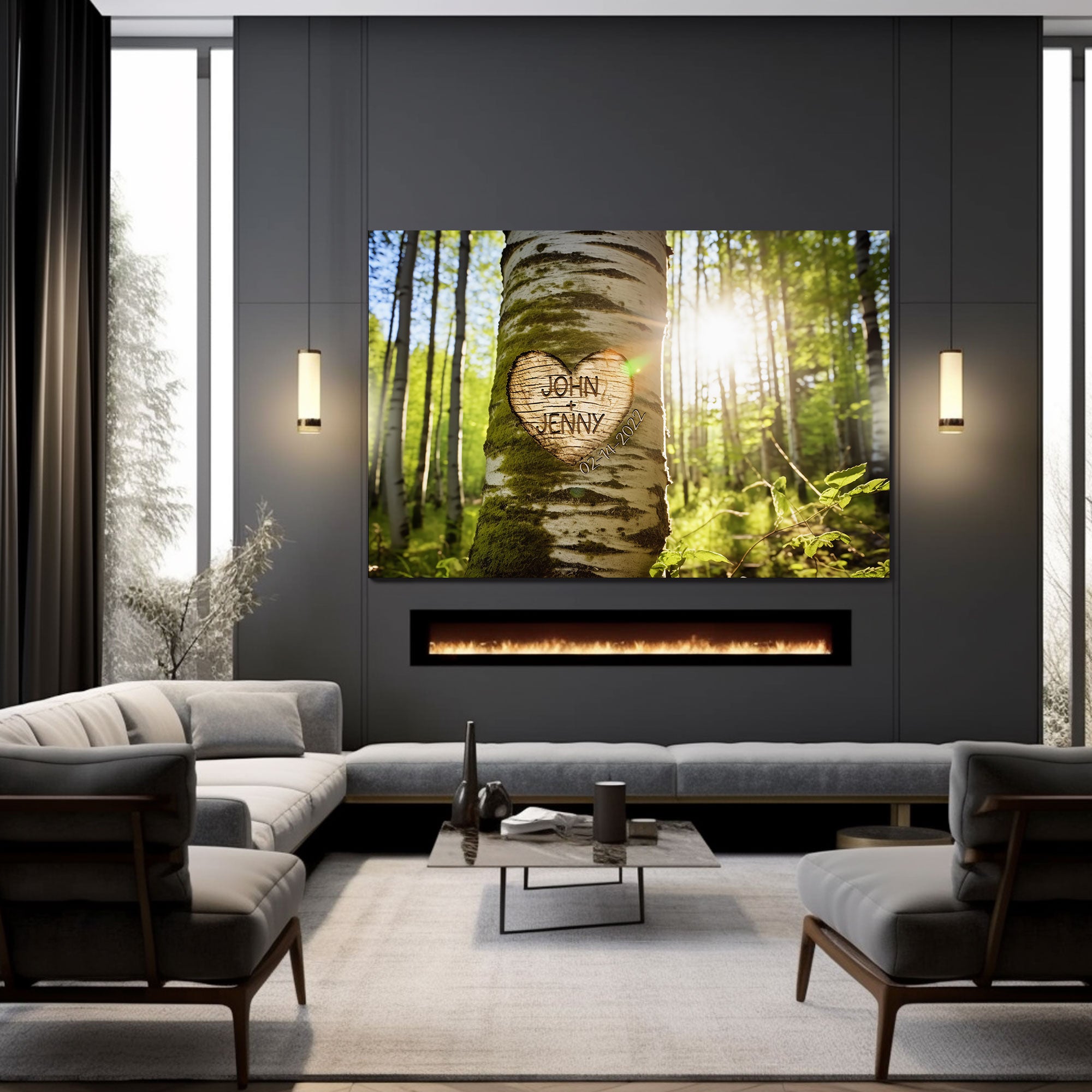 Personalized Rustic Birch Tree Canvas, Custom Names Date Wall Art for Couples