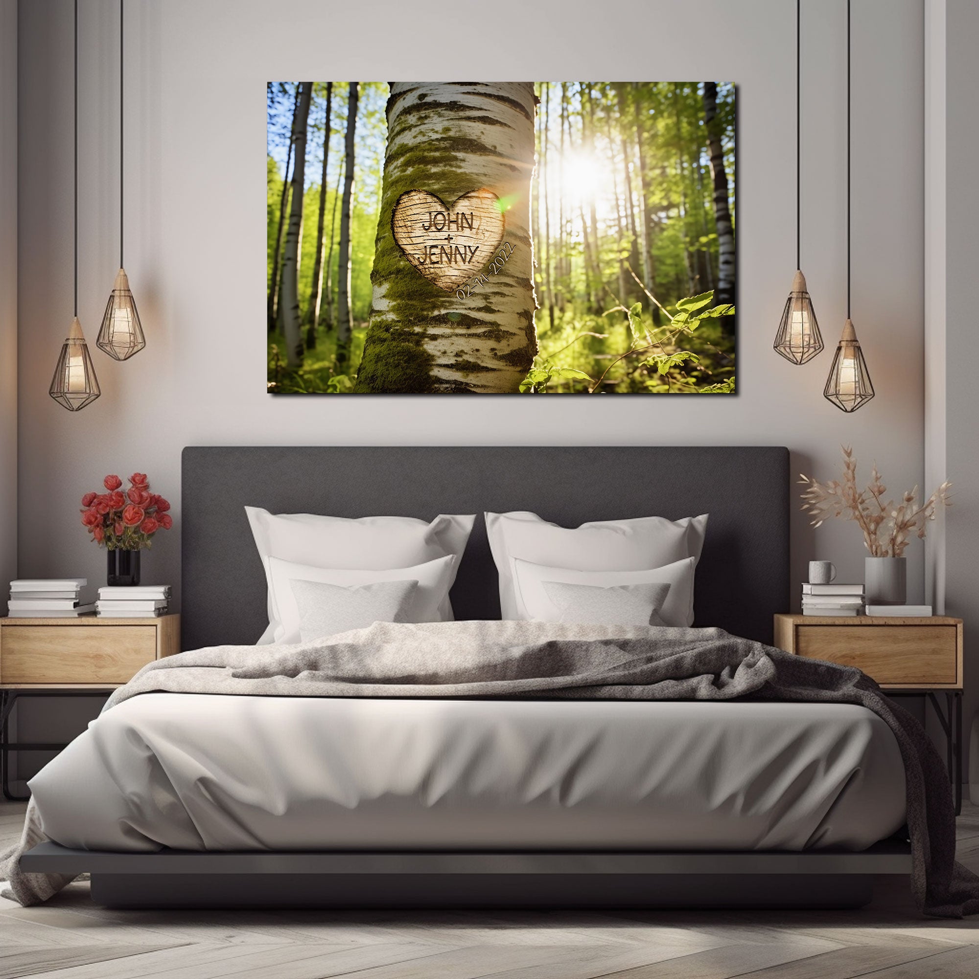 Personalized Rustic Birch Tree Canvas, Custom Names Date Wall Art for Couples