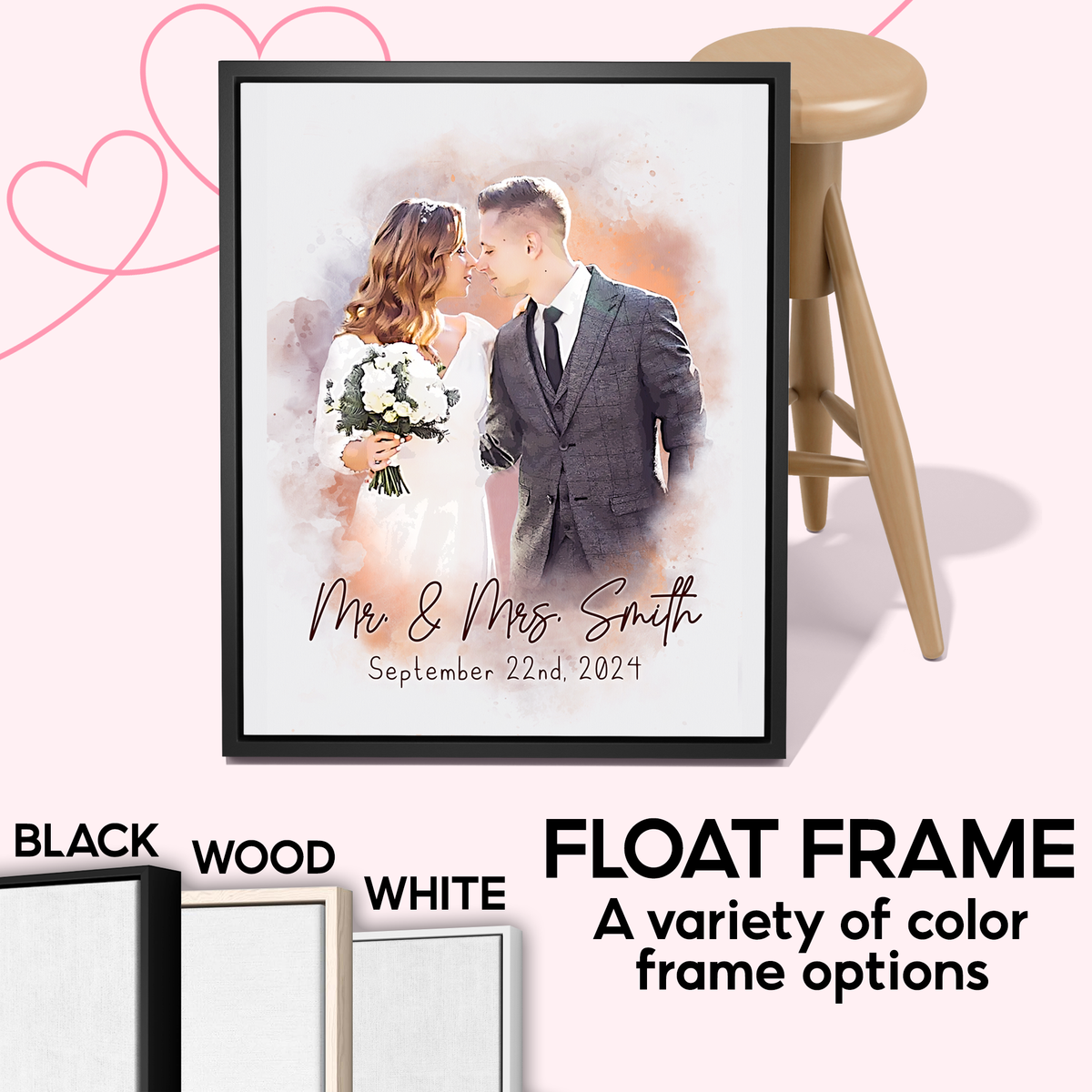 Turn Your Love Into Art - Personalized Watercolor Couple Portrait Canvas from Photo - Romantic Gift for Couples