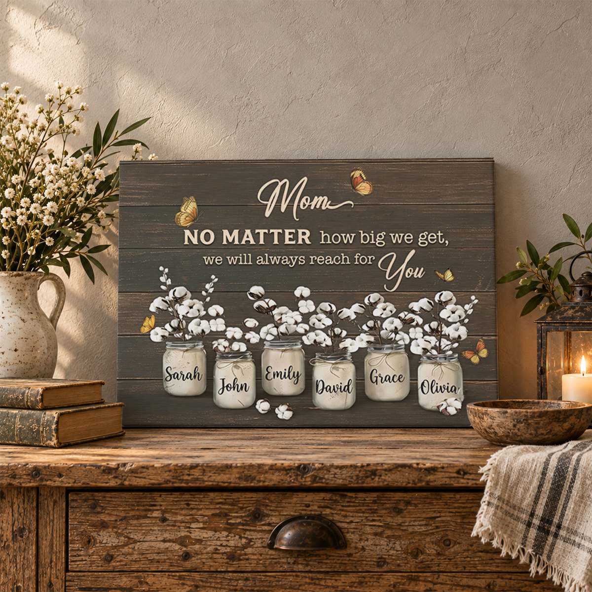 Custom Mom Mason Jar Flowers with Kids Names Canvas - Personalized Wall Art