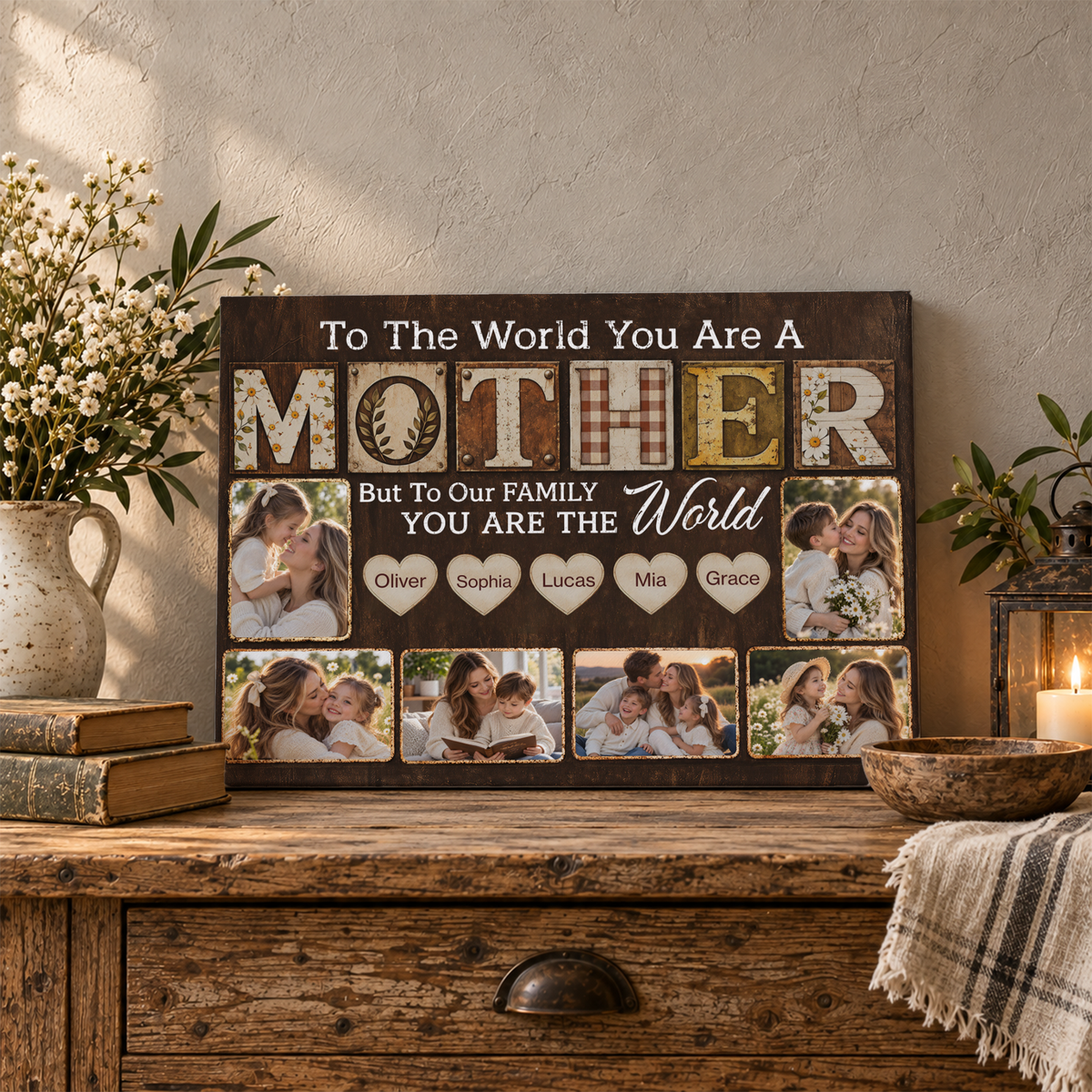 Custom Photo Mom Collage 6 Photos To The World You Are A Mother Canvas - Personalized Wall Art