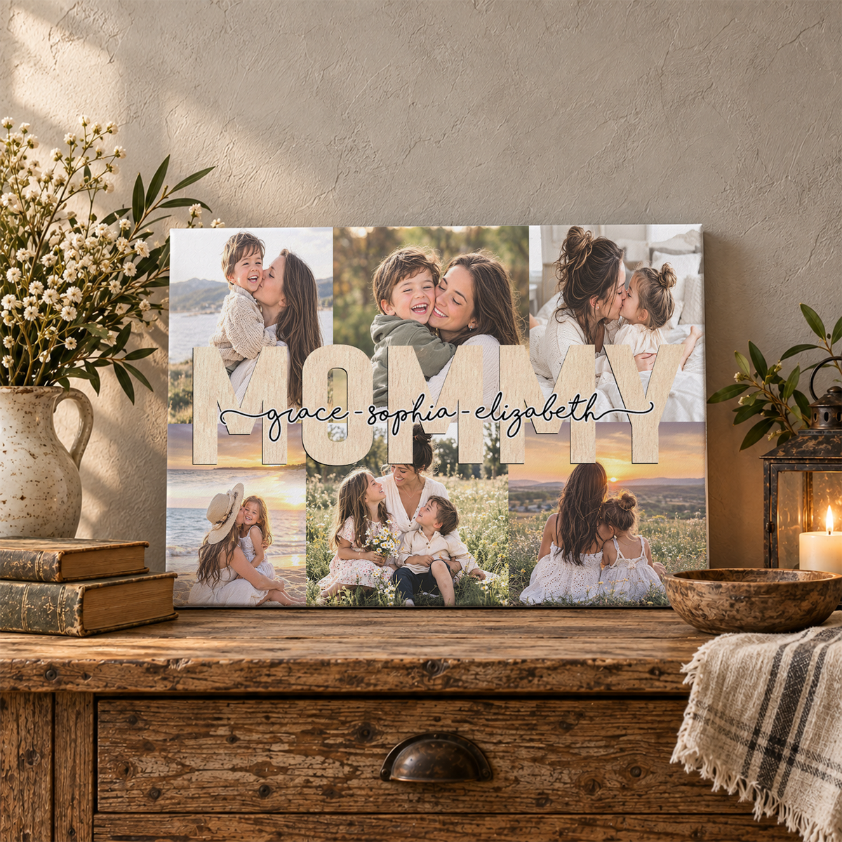 Custom Photo Mom Collage 6 Photos Mommy with Kids Names Canvas - Personalized Wall Art