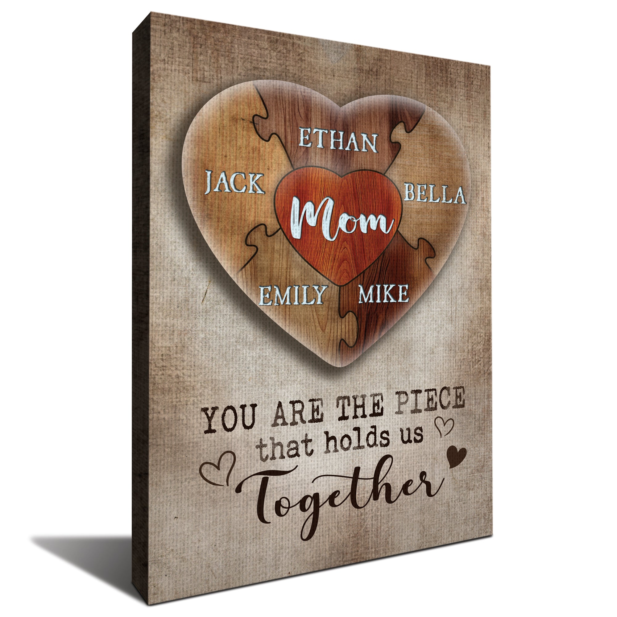 You Are The Piece That Holds Us Together Personalized Heart Puzzle Canvas for Mom, Mother's Day Gift from Kids