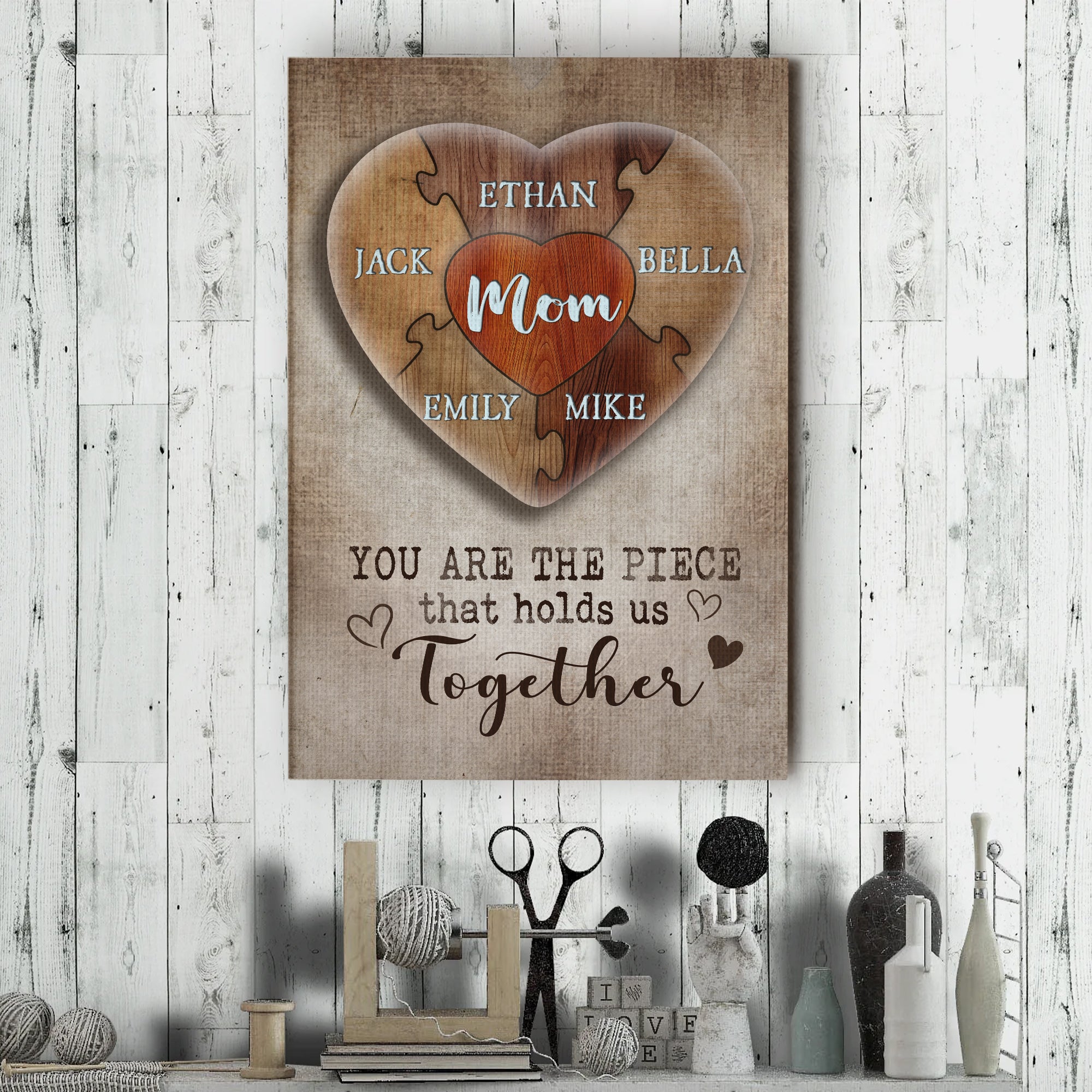 You Are The Piece That Holds Us Together Personalized Heart Puzzle Canvas for Mom, Mother's Day Gift from Kids