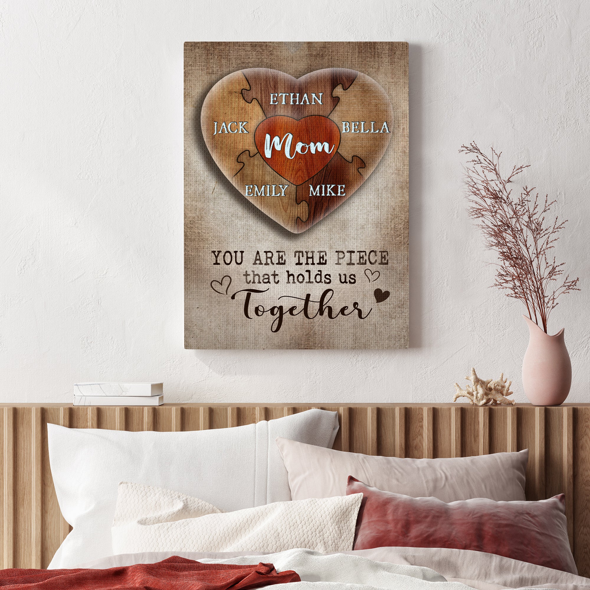 You Are The Piece That Holds Us Together Personalized Heart Puzzle Canvas for Mom, Mother's Day Gift from Kids