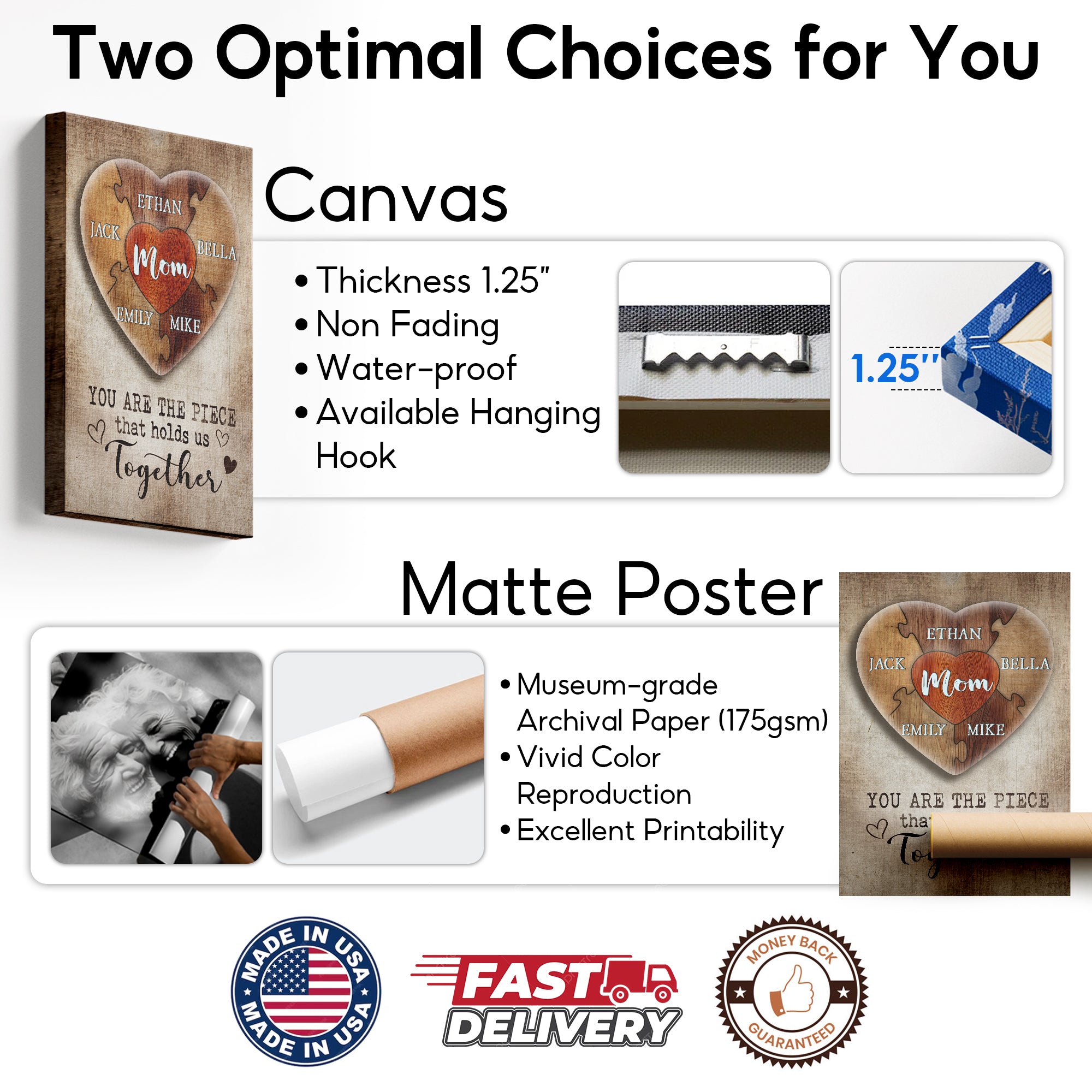 You Are The Piece That Holds Us Together Personalized Heart Puzzle Canvas for Mom, Mother's Day Gift from Kids