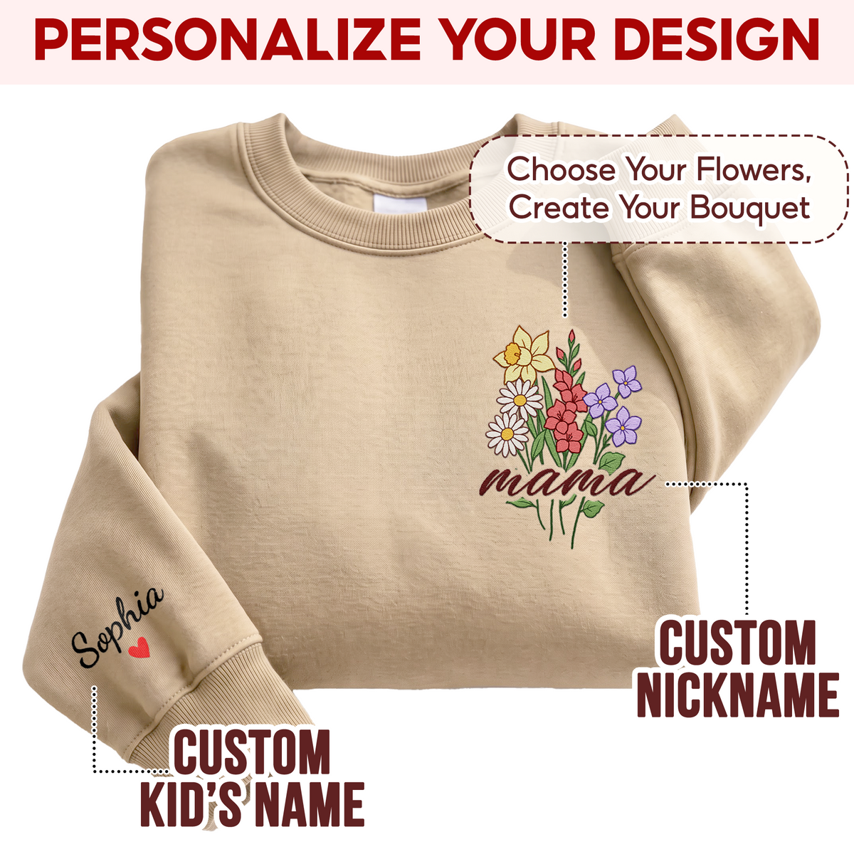 Personalized Mama Flower Bouquet Sweatshirt with Kids Names - Custom Mom Sweatshirt