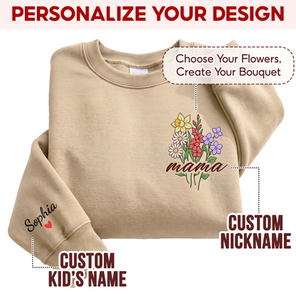 Personalized Mama Flower Bouquet Sweatshirt with Kids Names - Custom Mom Sweatshirt