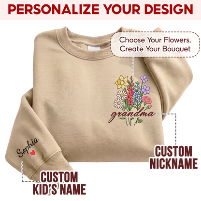 Personalized Grandma Flower Bouquet Sweatshirt with Grandkids Names - Custom Grandma Sweatshirt