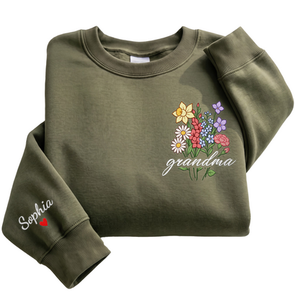 Personalized Grandma Flower Bouquet Sweatshirt with Grandkids Names - Custom Grandma Sweatshirt