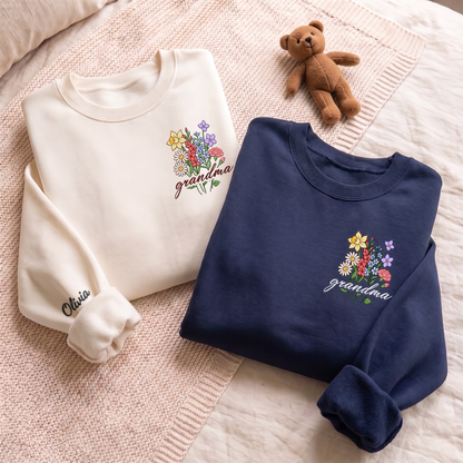 Personalized Grandma Flower Bouquet Sweatshirt with Grandkids Names - Custom Grandma Sweatshirt