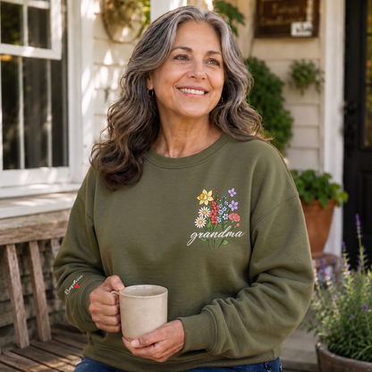 Personalized Grandma Flower Bouquet Sweatshirt with Grandkids Names - Custom Grandma Sweatshirt