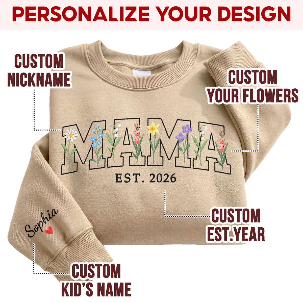 Personalized Mama Wildflower Letters Sweatshirt with Est. Year & Kids Names - Custom Mom Sweatshirt